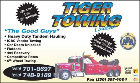 Tiger towing - Get more information for Tiger Towing Ltd in Duncan, BC. See reviews, map, get the address, and find directions. Search MapQuest. Hotels. Food. Shopping. Coffee. Grocery. Gas. Tiger Towing Ltd. Open until 11:59 PM (250) 701-8697. Website. More. Directions Advertisement. 4860 Trans-Canada Hwy